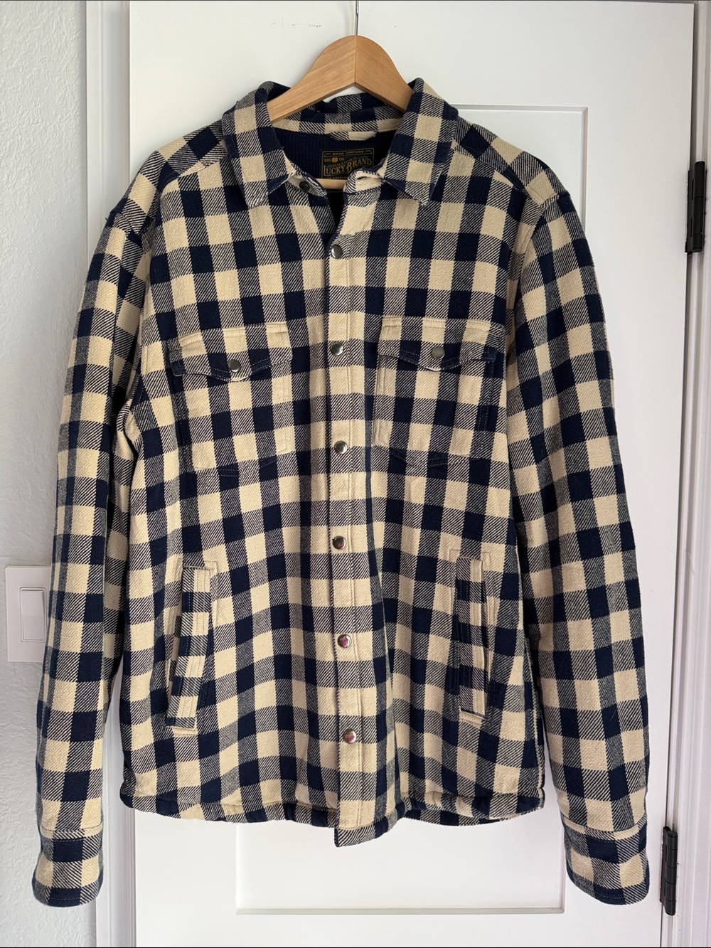 Lucky Brand Men's Plaid Waffle-Lined Heavyweight Shirt Jacket Navy Tan L